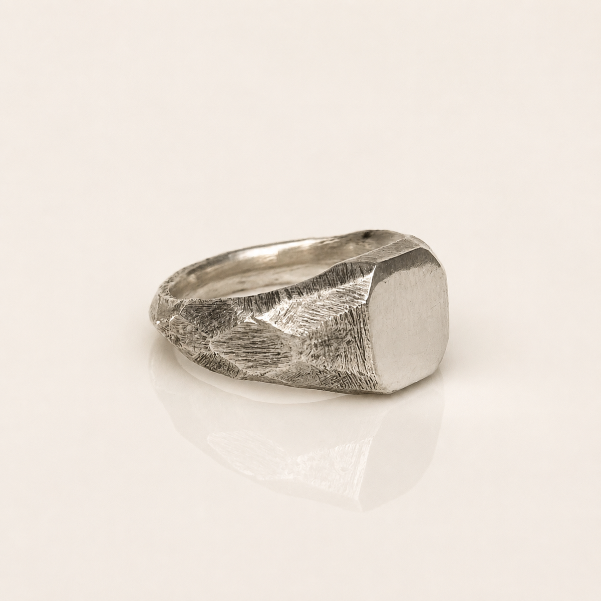 gothic silver signet ring with rough texture for men