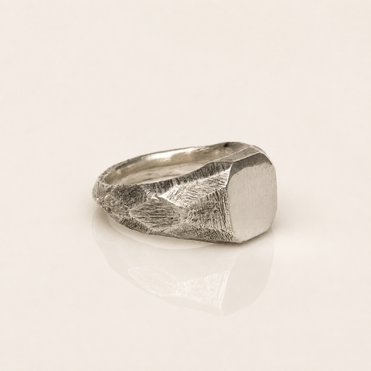 gothic silver signet ring with rough texture for men