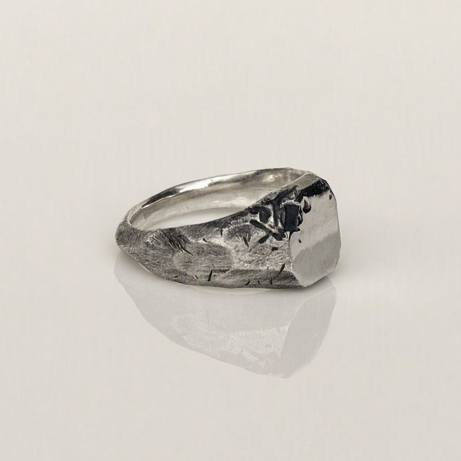 rough texture sterling silver signet ring mens